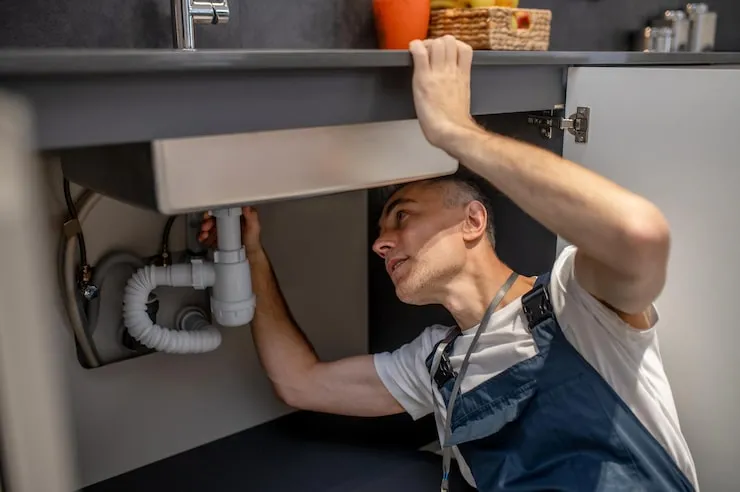 a man cleaning the drain below a sink